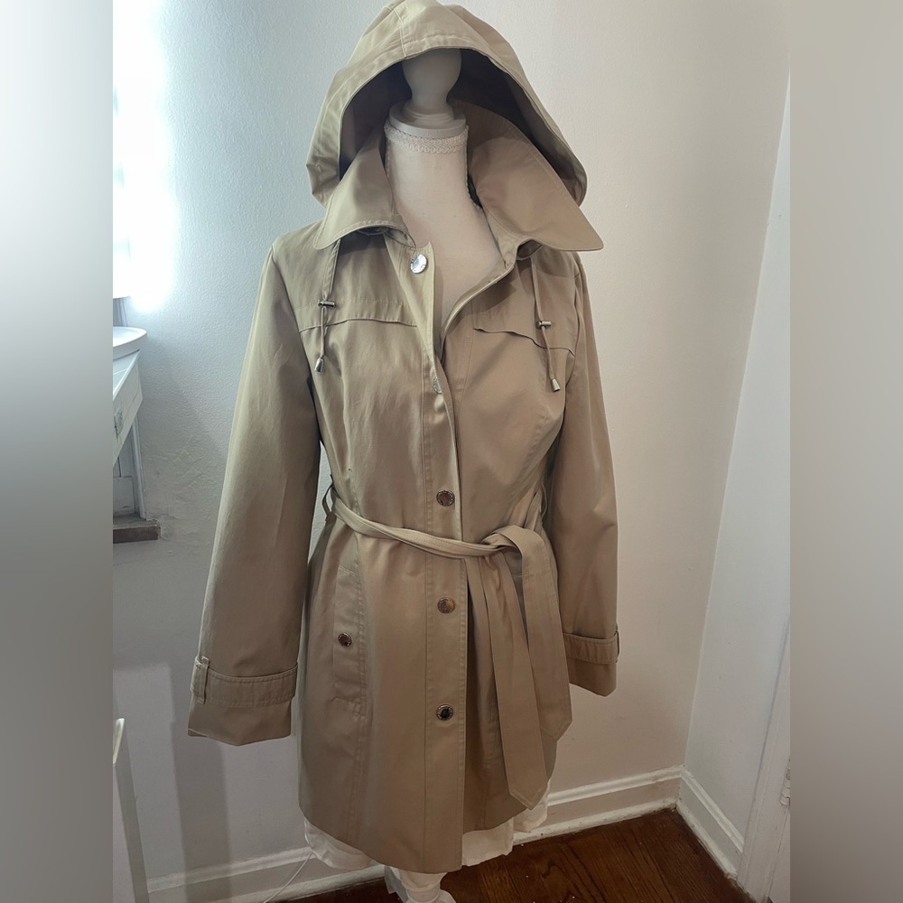London Fog Khaki Hooded Trench Coat with Waist Tie